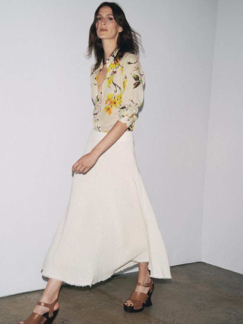ZARA ZW Collection Ecru Midi Skirt A-Line Frayed Hem Cotton Blend Size M NWT
